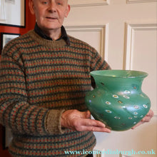 Load image into Gallery viewer, MASSIVE: Stunning 1980s SIGNED John Ditchfield Aqua Green Squat Vase / Bowl with Millefiori Canes. 7 3/4 inches

