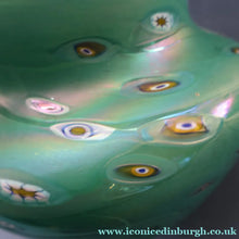 Load image into Gallery viewer, MASSIVE: Stunning 1980s SIGNED John Ditchfield Aqua Green Squat Vase / Bowl with Millefiori Canes. 7 3/4 inches
