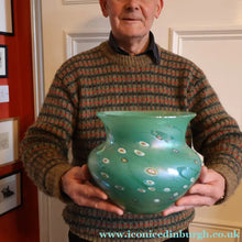 Load image into Gallery viewer, MASSIVE: Stunning 1980s SIGNED John Ditchfield Aqua Green Squat Vase / Bowl with Millefiori Canes. 7 3/4 inches

