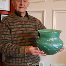 Load image into Gallery viewer, MASSIVE: Stunning 1980s SIGNED John Ditchfield Aqua Green Squat Vase / Bowl with Millefiori Canes. 7 3/4 inches
