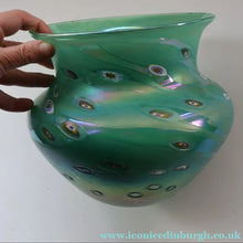Load image into Gallery viewer, MASSIVE: Stunning 1980s SIGNED John Ditchfield Aqua Green Squat Vase / Bowl with Millefiori Canes. 7 3/4 inches
