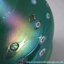 Load image into Gallery viewer, MASSIVE: Stunning 1980s SIGNED John Ditchfield Aqua Green Squat Vase / Bowl with Millefiori Canes. 7 3/4 inches
