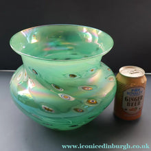 Load image into Gallery viewer, MASSIVE: Stunning 1980s SIGNED John Ditchfield Aqua Green Squat Vase / Bowl with Millefiori Canes. 7 3/4 inches
