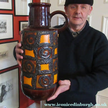 Load image into Gallery viewer, MASSIVE West German 1970s Floor Vase with Brown &amp; Orange Glazes. Applied Fat Lava Abstract Shapes - European Ceramics
