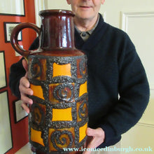 Load image into Gallery viewer, MASSIVE West German 1970s Floor Vase with Brown &amp; Orange Glazes. Applied Fat Lava Abstract Shapes
