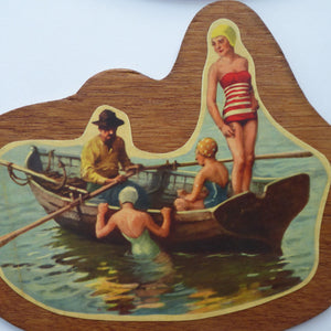 STRANGE 1950s Wooden Plate Mats - with Stylish Seaside or 1950s Beach Illustrations on each