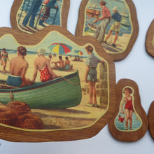 Load image into Gallery viewer, STRANGE 1950s Wooden Plate Mats - with Stylish Seaside or 1950s Beach Illustrations on each
