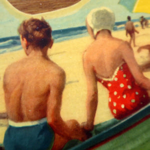 STRANGE 1950s Wooden Plate Mats - with Stylish Seaside or 1950s Beach Illustrations on each