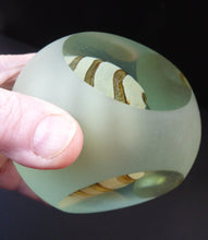 Load image into Gallery viewer, 1970s Mdina Glass Paperweight. UNUSUAL Vintage Weight with Frosted Exterior and Three Polished Facets. Striped Egg Inside
