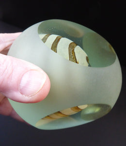 1970s Mdina Glass Paperweight. UNUSUAL Vintage Weight with Frosted Exterior and Three Polished Facets. Striped Egg Inside