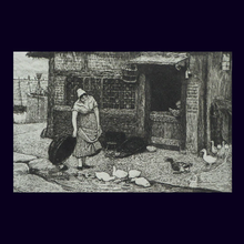 Load image into Gallery viewer, SCOTTISH ART. Original Antique Etching by Robert Walker Macbeth (1848 - 1910) Entitled MEALTIME. A Fishwife Feeding Geese and Ducks
