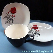 Load image into Gallery viewer, MIDWINTER. Pretty 1960s TRIO - Cup Saucer &amp; Side Plate. Red Rose Motif. CARMEN Pattern - British Ceramics

