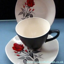 Load image into Gallery viewer, MIDWINTER. Pretty 1960s TRIO - Cup Saucer &amp; Side Plate. Red Rose Motif. CARMEN Pattern - British Ceramics
