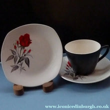 Load image into Gallery viewer, MIDWINTER. Pretty 1960s TRIO - Cup Saucer &amp; Side Plate. Red Rose Motif. CARMEN Pattern - British Ceramics
