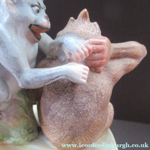 Load image into Gallery viewer, Porcelain Figurine by Schafer &amp; Vater. Quirky GROOMING MONKEYS Match Holder &amp; Striker
