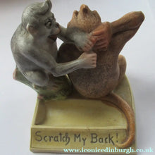 Load image into Gallery viewer, Porcelain Figurine by Schafer &amp; Vater. Quirky GROOMING MONKEYS Match Holder &amp; Striker
