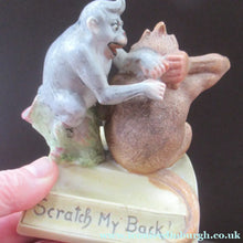 Load image into Gallery viewer, Porcelain Figurine by Schafer &amp; Vater. Quirky GROOMING MONKEYS Match Holder &amp; Striker
