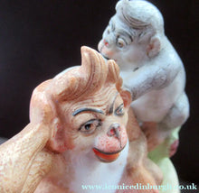 Load image into Gallery viewer, Porcelain Figurine by Schafer &amp; Vater. Quirky GROOMING MONKEYS Match Holder &amp; Striker
