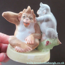 Load image into Gallery viewer, Porcelain Figurine by Schafer &amp; Vater. Quirky GROOMING MONKEYS Match Holder &amp; Striker
