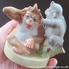 Load image into Gallery viewer, Porcelain Figurine by Schafer &amp; Vater. Quirky GROOMING MONKEYS Match Holder &amp; Striker
