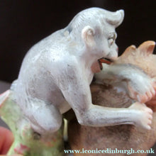 Load image into Gallery viewer, Porcelain Figurine by Schafer &amp; Vater. Quirky GROOMING MONKEYS Match Holder &amp; Striker
