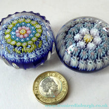 Load image into Gallery viewer, Cute MINIATURE PAIR of Scottish Glass Paperweights. One is a Perthshire and the Other is Strathearn
