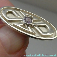 Load image into Gallery viewer, Cute Little Modern Celtic Inspired Sterling Silver Cap or Lapel Brooch with Central Lilac Stone BOXED
