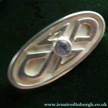 Load image into Gallery viewer, Cute Little Modern Celtic Inspired Sterling Silver Cap or Lapel Brooch with Central Lilac Stone BOXED
