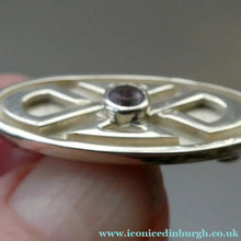 Load image into Gallery viewer, Cute Little Modern Celtic Inspired Sterling Silver Cap or Lapel Brooch with Central Lilac Stone BOXED
