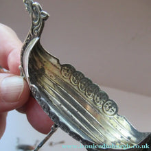 Load image into Gallery viewer, Pair of Norwegian Silver Viking Ship Salt Cellars with Clear Glass Liners
