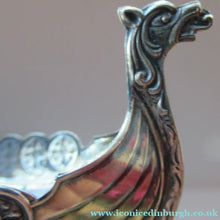 Load image into Gallery viewer, Pair of Norwegian Silver Viking Ship Salt Cellars with Clear Glass Liners
