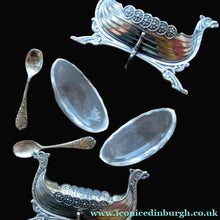 Load image into Gallery viewer, Pair of Norwegian Silver Viking Ship Salt Cellars with Clear Glass Liners
