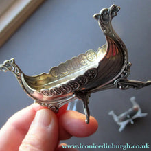 Load image into Gallery viewer, NORWEGIAN SILVER: Pair of Matching Viking Ship Salt Cellars. With Original Clear Glass Liner &amp; Later Additional Spoons

