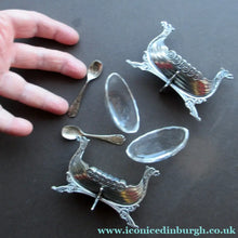 Load image into Gallery viewer, Pair of Norwegian Silver Viking Ship Salt Cellars with Clear Glass Liners

