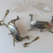 Load image into Gallery viewer, Pair of Norwegian Silver Viking Ship Salt Cellars with Clear Glass Liners
