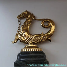 Load image into Gallery viewer, Old Venetian Polished Brass Gondola Hippocampus Oar Lock. Mounted on Heavy Carved Stone Base
