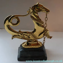 Load image into Gallery viewer, Old Venetian Polished Brass Gondola Hippocampus Oar Lock. Mounted on Heavy Carved Stone Base
