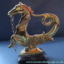 Load image into Gallery viewer, Old Venetian Polished Brass Gondola Hippocampus Oar Lock. Mounted on Heavy Carved Stone Base

