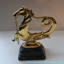 Load image into Gallery viewer, Old Venetian Polished Brass Gondola Hippocampus Oar Lock. Mounted on Heavy Carved Stone Base
