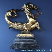 Load image into Gallery viewer, Old Venetian Polished Brass Gondola Hippocampus Oar Lock. Mounted on Heavy Carved Stone Base
