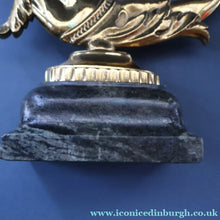 Load image into Gallery viewer, Old Venetian Polished Brass Gondola Hippocampus Oar Lock. Mounted on Heavy Carved Stone Base

