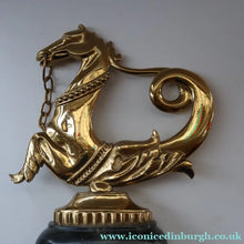 Load image into Gallery viewer, Old Venetian Polished Brass Gondola Hippocampus Oar Lock. Mounted on Heavy Carved Stone Base
