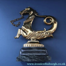 Load image into Gallery viewer, Old Venetian Polished Brass Gondola Hippocampus Oar Lock. Mounted on Heavy Carved Stone Base
