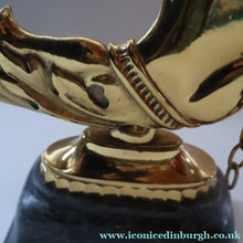 Load image into Gallery viewer, Old Venetian Polished Brass Gondola Hippocampus Oar Lock. Mounted on Heavy Carved Stone Base
