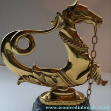 Load image into Gallery viewer, Old Venetian Polished Brass Gondola Hippocampus Oar Lock. Mounted on Heavy Carved Stone Base
