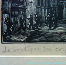 Load image into Gallery viewer, 1920s Wood Engraving by Gwen Raveret The Barber's Shop France
