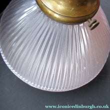 Load image into Gallery viewer, 1920s GENUINE Glass Holophane Hanging Lamp Shade - complete with all original brass fittings
