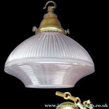 Load image into Gallery viewer, 1920s GENUINE Glass Holophane Hanging Lamp Shade - complete with all original brass fittings
