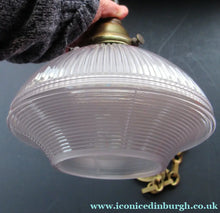 Load image into Gallery viewer, 1920s GENUINE Glass Holophane Hanging Lamp Shade - complete with all original brass fittings
