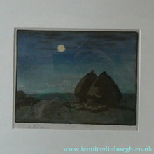 Load image into Gallery viewer, Scottish Colour Woodcut of Two Haystacks in the Moonlight by LCA Brown. Art Deco Print
